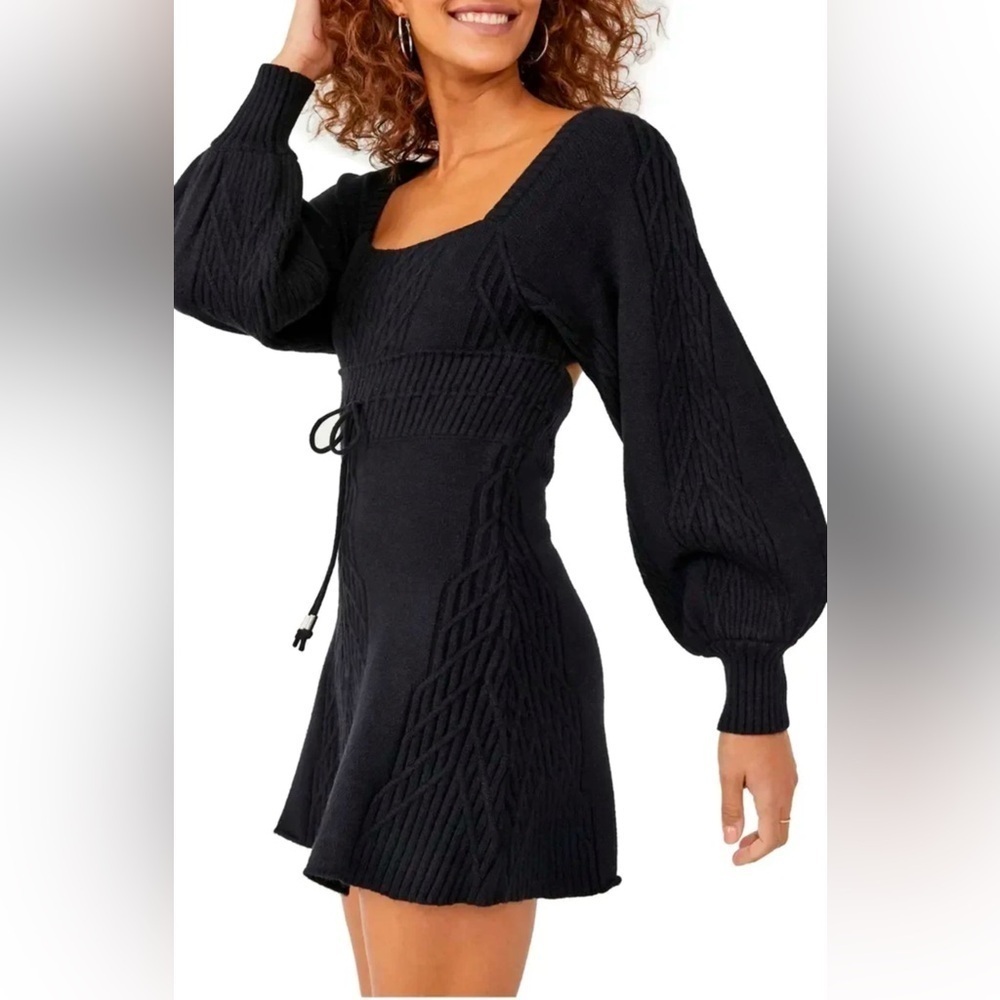 NWT Free People Emmaline Black Balloon Sleeve Knit Sweater Mini Dress Size Large